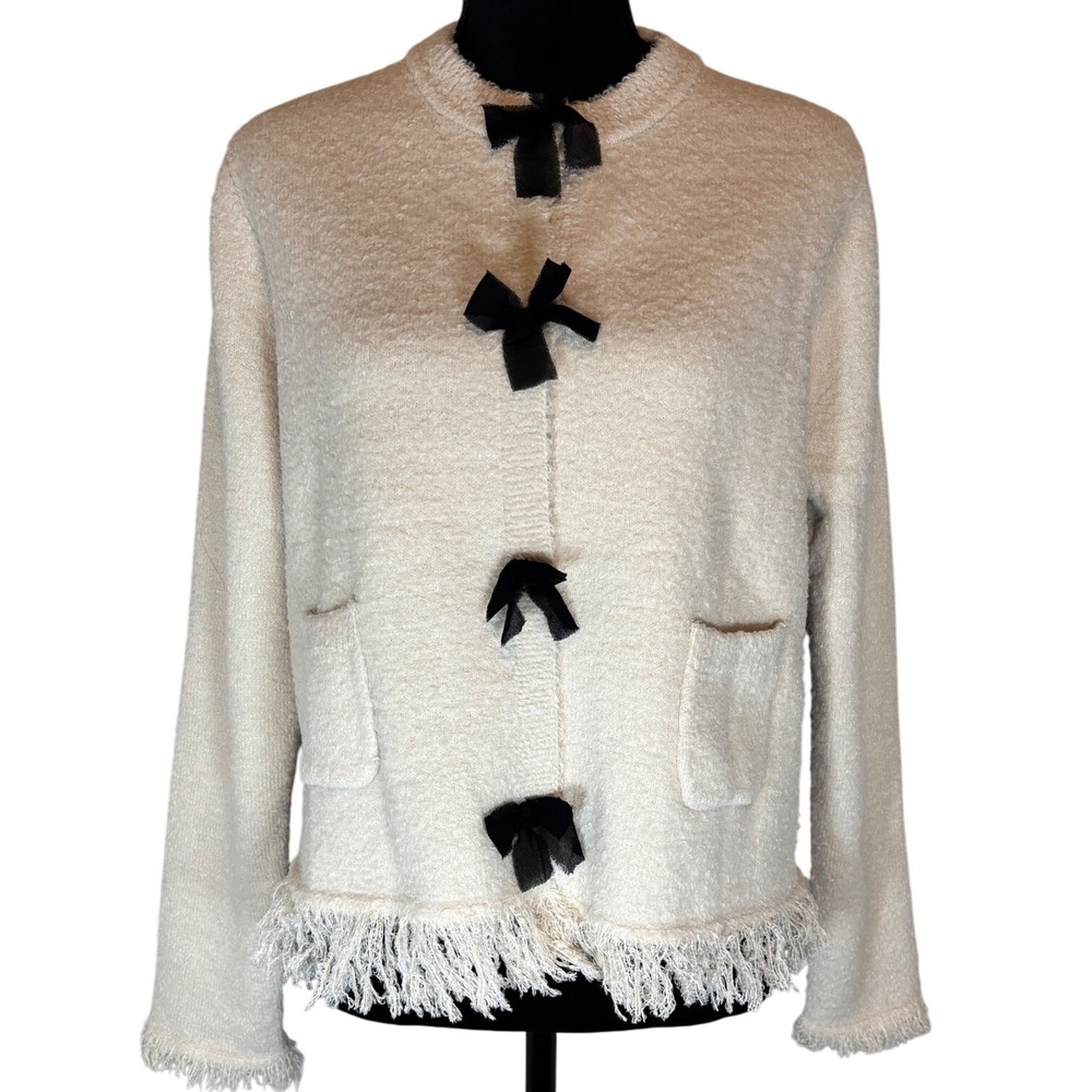 Zara Cardigan Women XL Cream Black Velvet Bows Fringe Trim Textured Knit Jacket - Picture 2 of 7